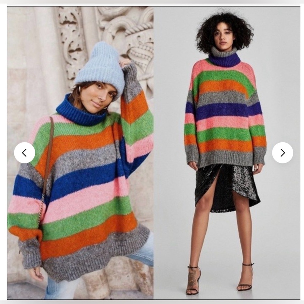 Zara Oversized Multicolor Striped Turtleneck Sweater🧡💙❤️